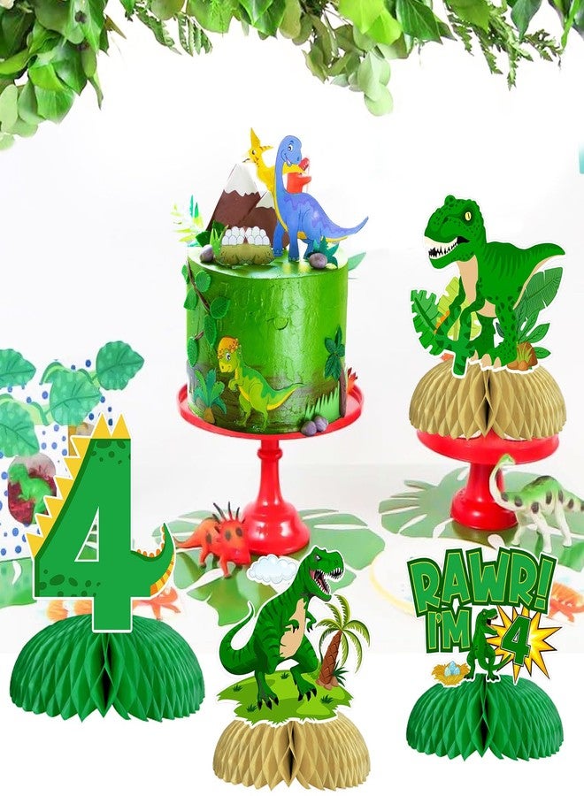 Funmemoir زينة حفلة عيد ميلاد ديناصور الرابع للأولاد، 8 قطع من زينة طاولة على شكل خلية نحل، زينة طاولة ديناصور مزدوجة الجوانب لحفلة عيد ميلاد ديناصور الرابع - Image 4